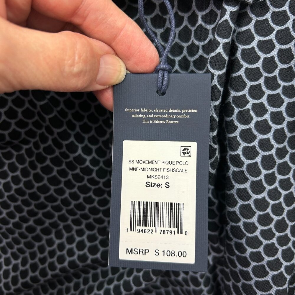 Faherty Short Sleeve Movement Pique Polo Men's Size S Midnight Fish Scale NWT - Picture 6 of 12